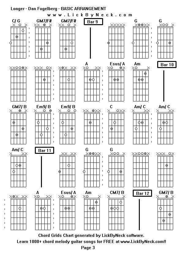 Chord Grids Chart of chord melody fingerstyle guitar song-Longer - Dan Fogelberg - BASIC ARRANGEMENT,generated by LickByNeck software.